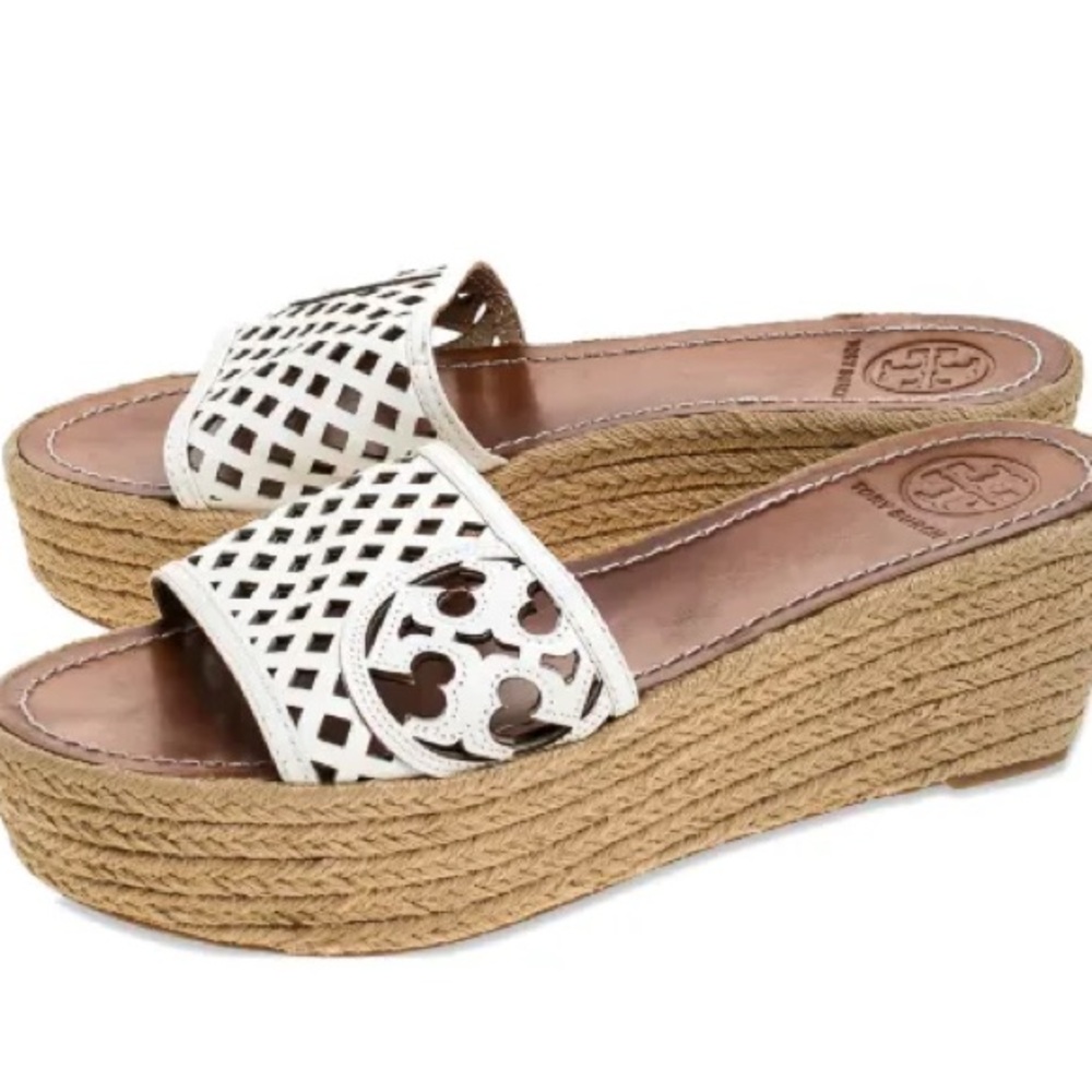 Tory Burch Sz 9 White Leather Logo Espadrille Wedge Platform Sandals Slide